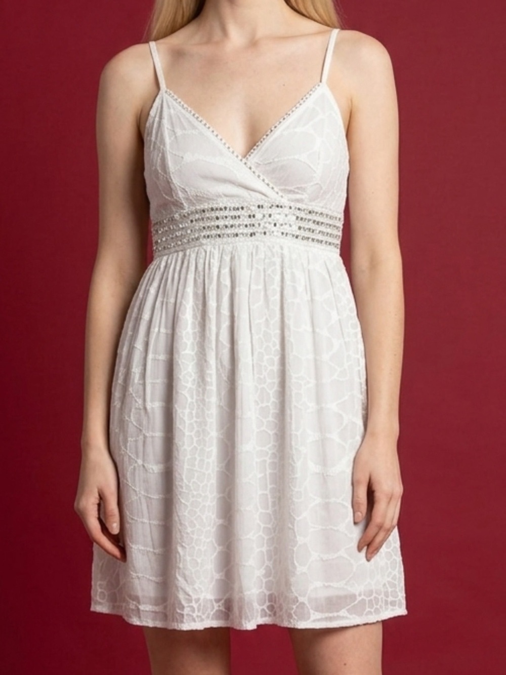 Peppermint Bay Mini Dress Womens Sz M Boho White Sequined Subtle Crocodile Print